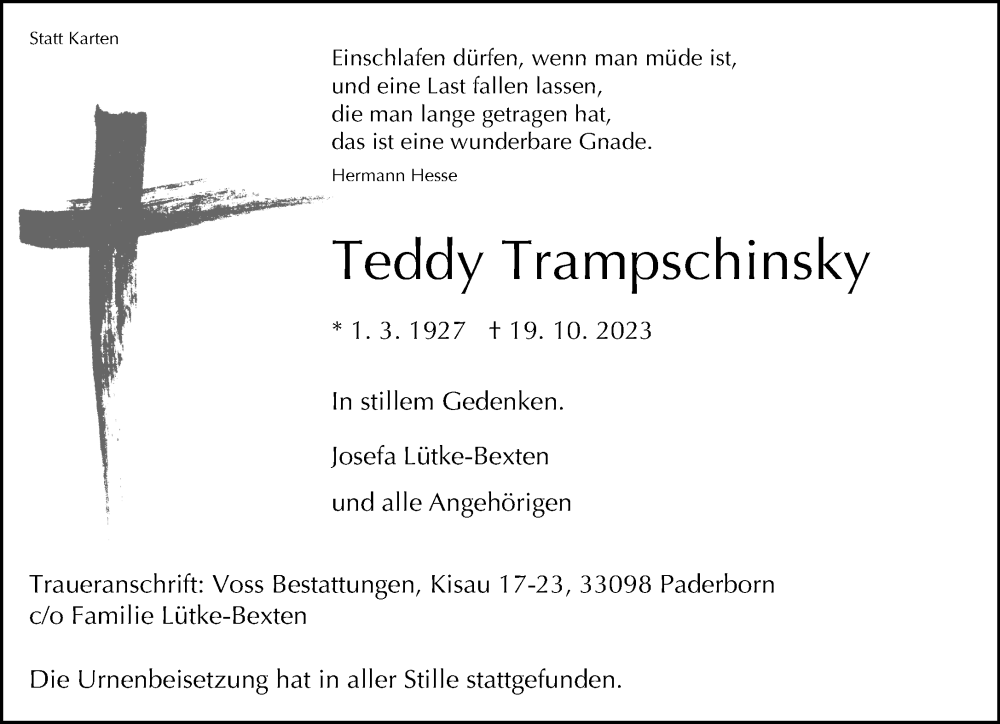  Traueranzeige für Teddy Trampschinsky vom 18.11.2023 aus Neue Westfälische