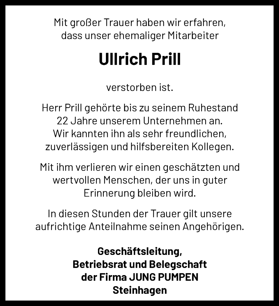  Traueranzeige für Ullrich Prill vom 27.11.2023 aus Neue Westfälische
