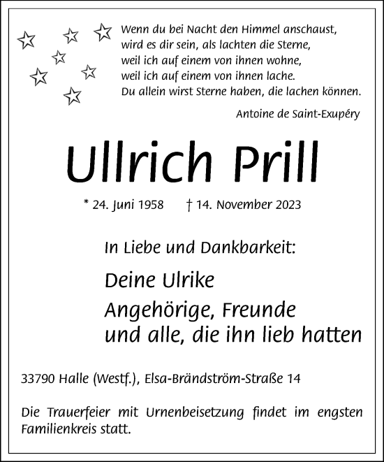 Traueranzeige von Ullrich Prill von Neue Westfälische