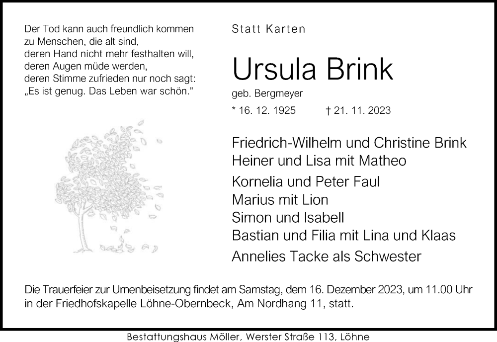  Traueranzeige für Ursula Brink vom 24.11.2023 aus Neue Westfälische