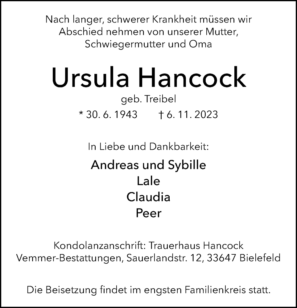  Traueranzeige für Ursula Hancock vom 11.11.2023 aus Neue Westfälische