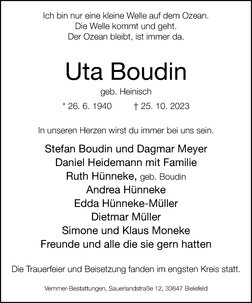  Traueranzeige für Uta Boudin vom 18.11.2023 aus Neue Westfälische