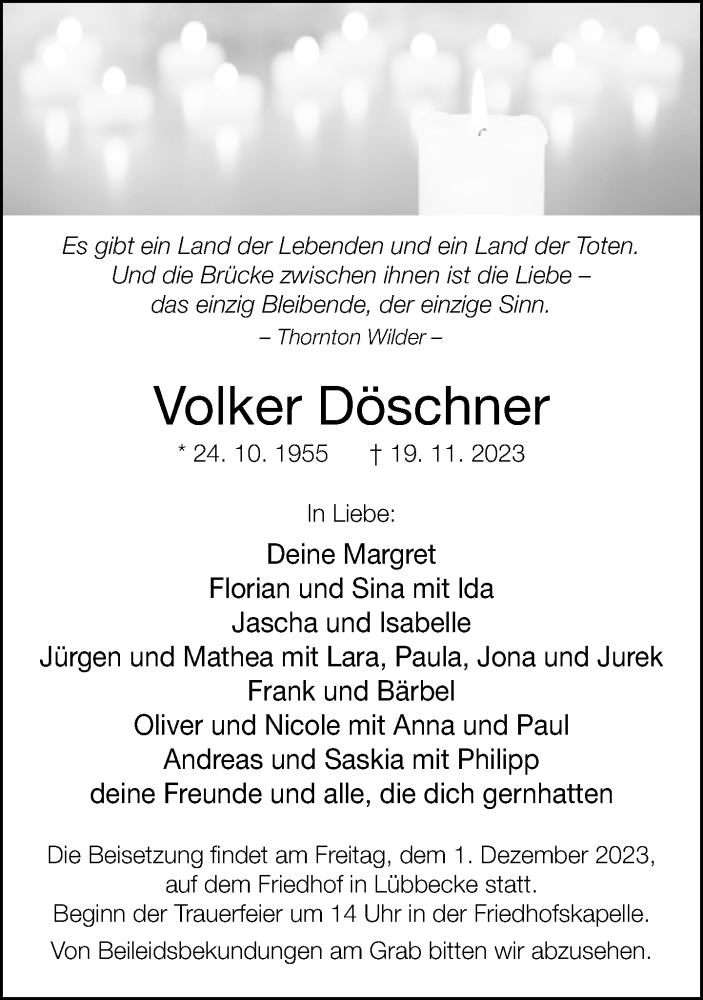  Traueranzeige für Volker Döschner vom 25.11.2023 aus Neue Westfälische