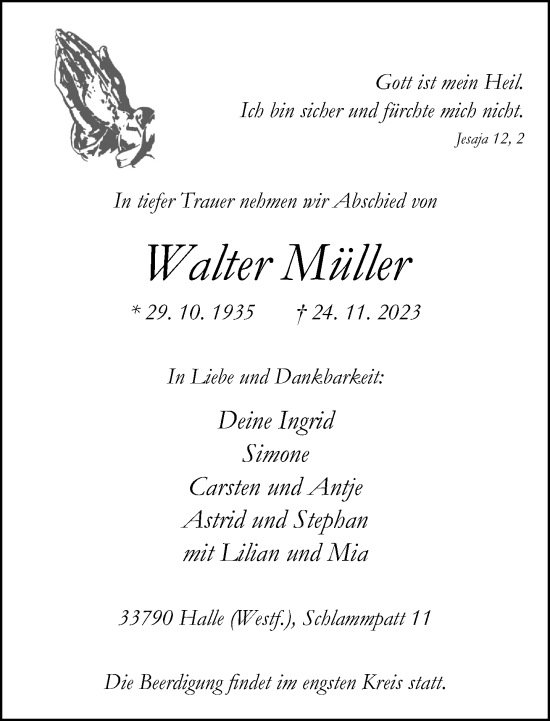 Traueranzeige von Walter Müller von Neue Westfälische