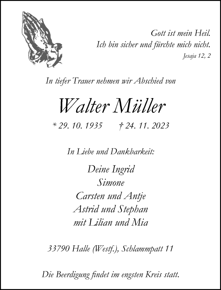  Traueranzeige für Walter Müller vom 28.11.2023 aus Neue Westfälische
