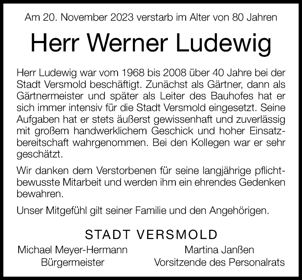  Traueranzeige für Werner Ludewig vom 29.11.2023 aus Neue Westfälische