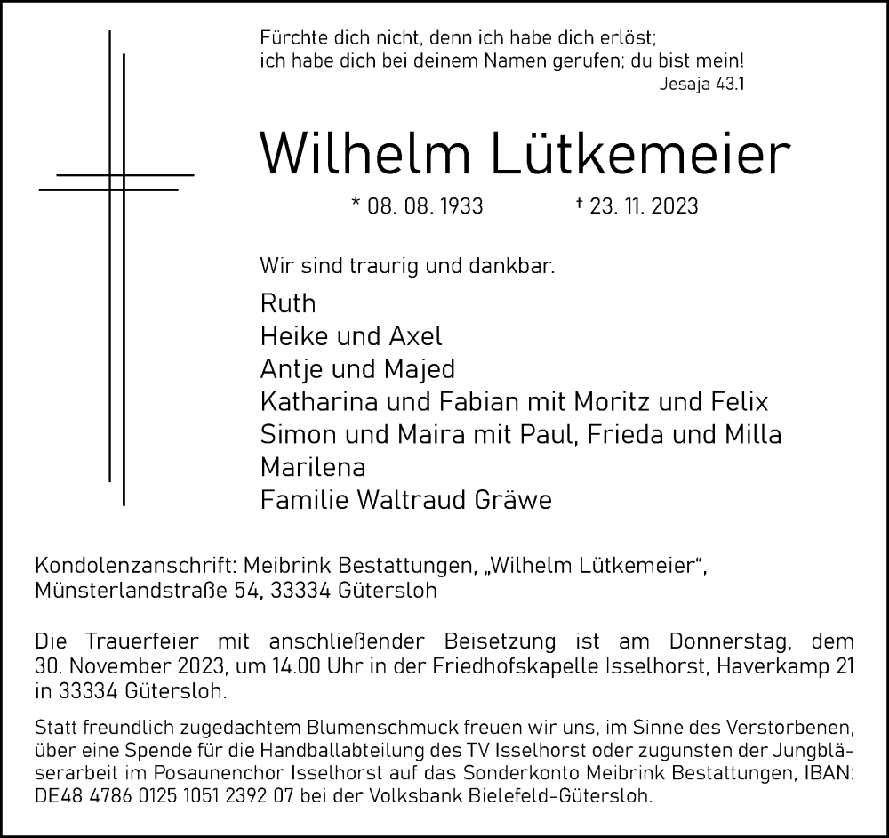  Traueranzeige für Wilhelm Lütkemeier vom 25.11.2023 aus Neue Westfälische