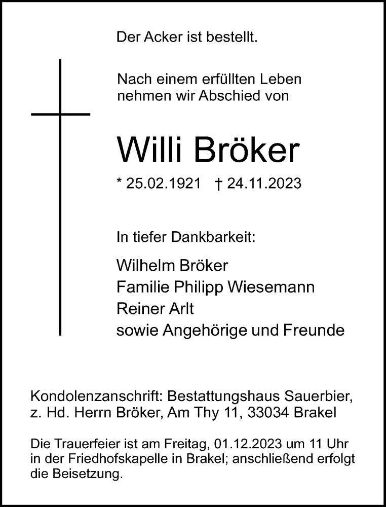  Traueranzeige für Willi Bröker vom 28.11.2023 aus Neue Westfälische
