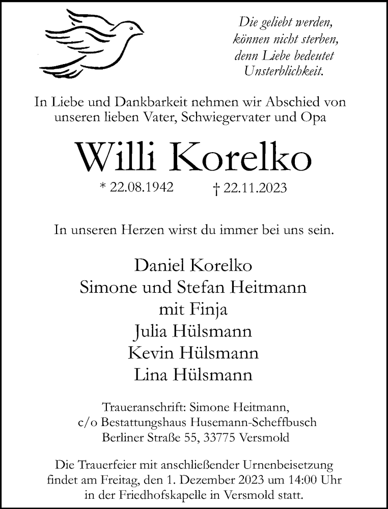  Traueranzeige für Willi Korelko vom 25.11.2023 aus Neue Westfälische