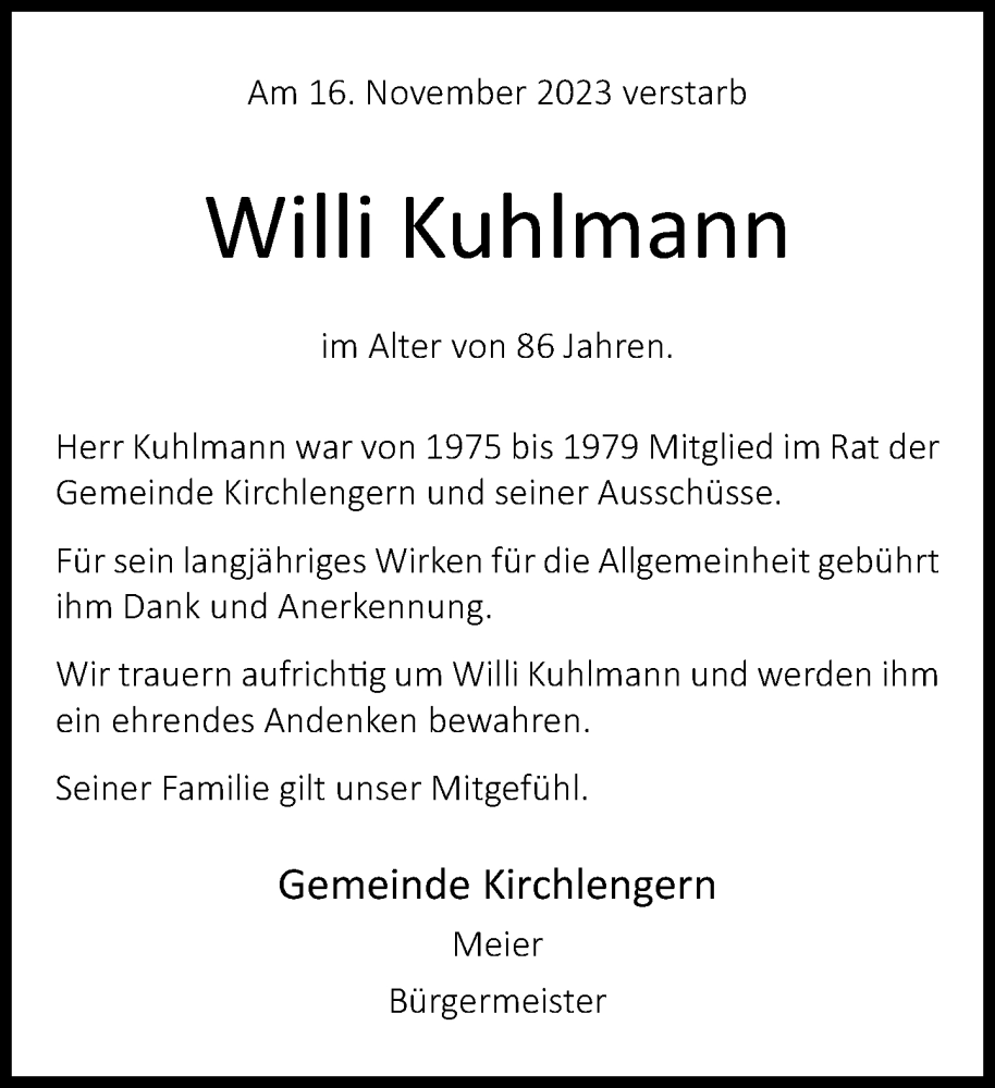  Traueranzeige für Willi Kuhlmann vom 30.11.2023 aus Neue Westfälische