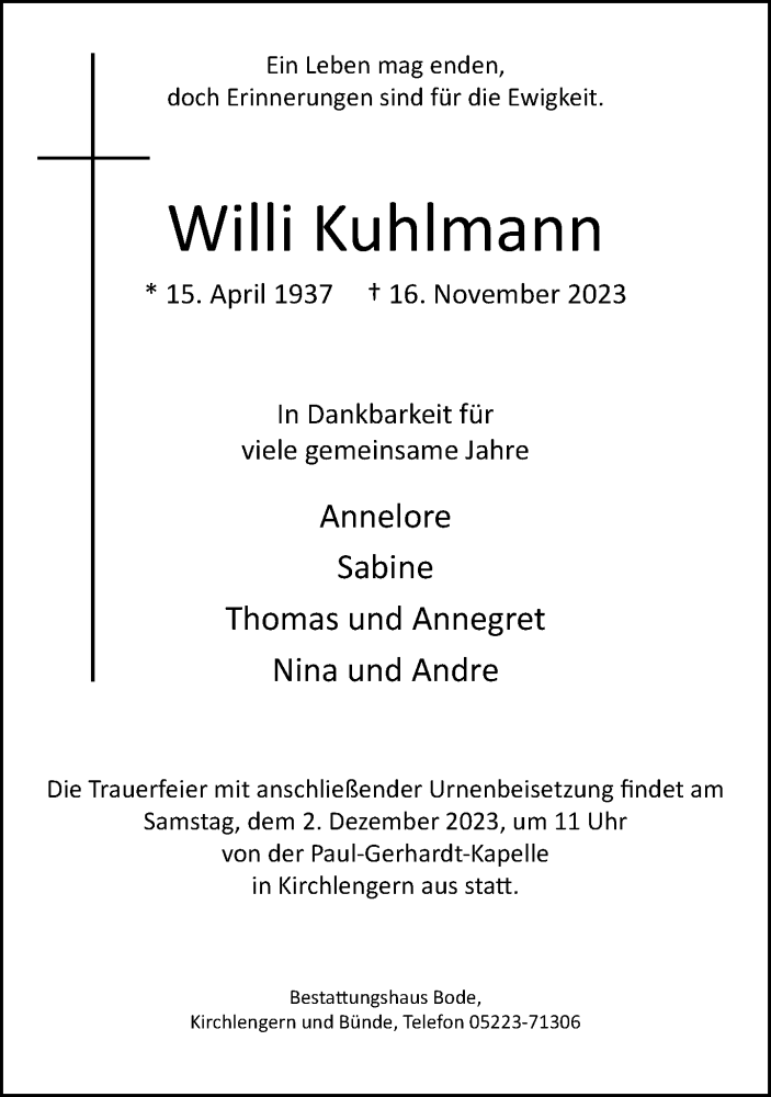  Traueranzeige für Willi Kuhlmann vom 25.11.2023 aus Neue Westfälische