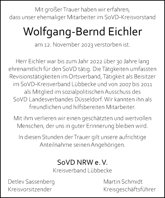 Traueranzeige von Wolfgang-Bernd Eichler von Neue Westfälische