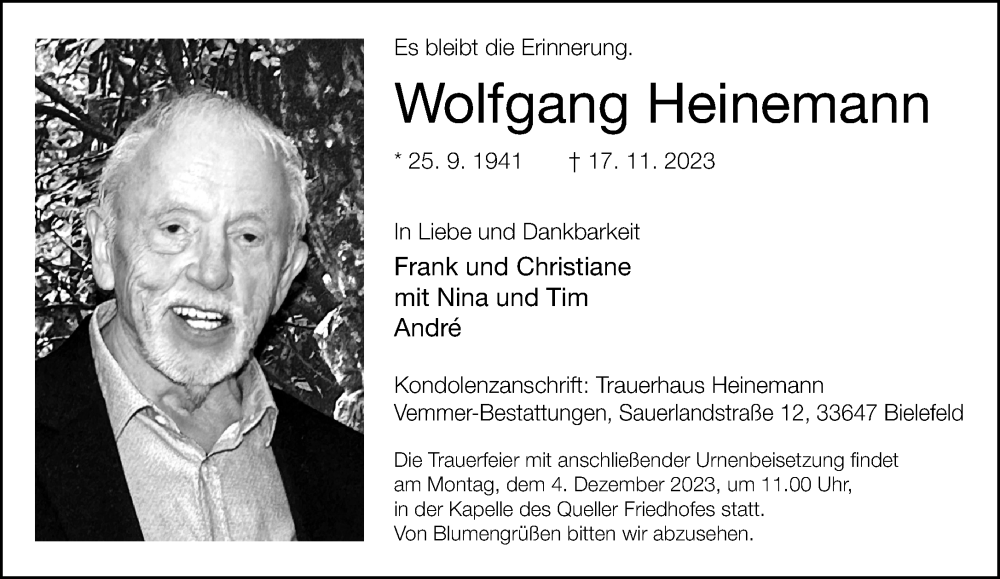  Traueranzeige für Wolfgang Heinemann vom 25.11.2023 aus Neue Westfälische