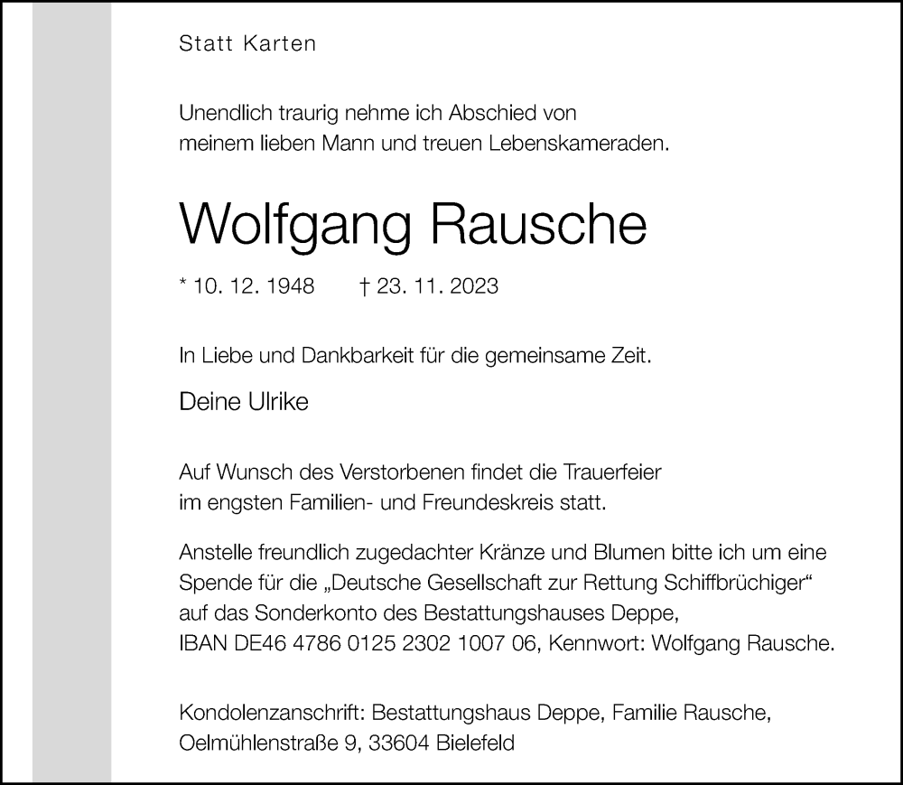  Traueranzeige für Wolfgang Rausche vom 25.11.2023 aus Neue Westfälische