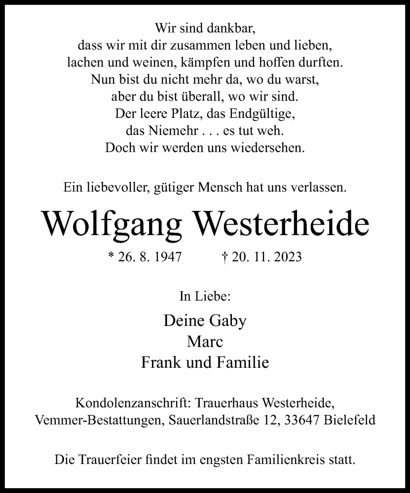 Traueranzeige für Wolfgang Westerheide vom 28.11.2023 aus Neue Westfälische
