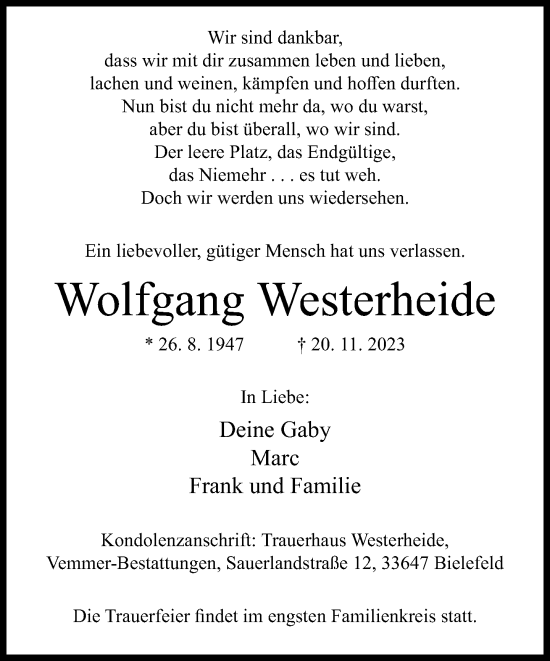 Traueranzeige von Wolfgang Westerheide von Neue Westfälische