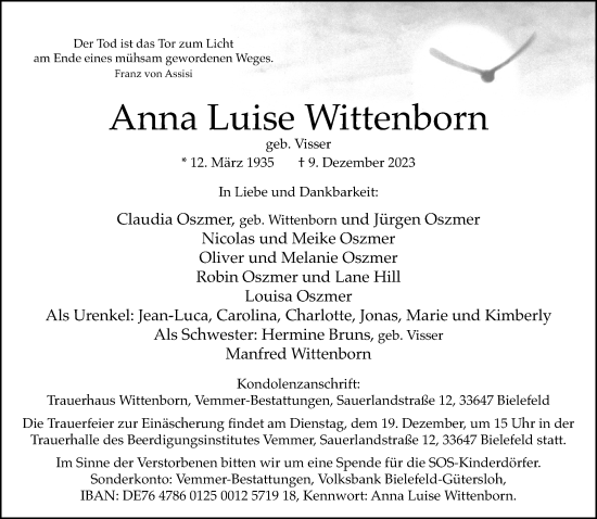 Traueranzeige von Anna Luise Wittenborn von Neue Westfälische