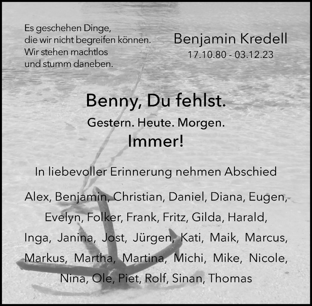  Traueranzeige für Benjamin Kredell vom 09.12.2023 aus Neue Westfälische