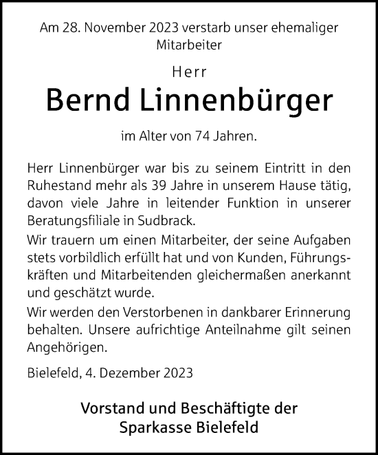Traueranzeige von Bernd Linnenbürger von Neue Westfälische