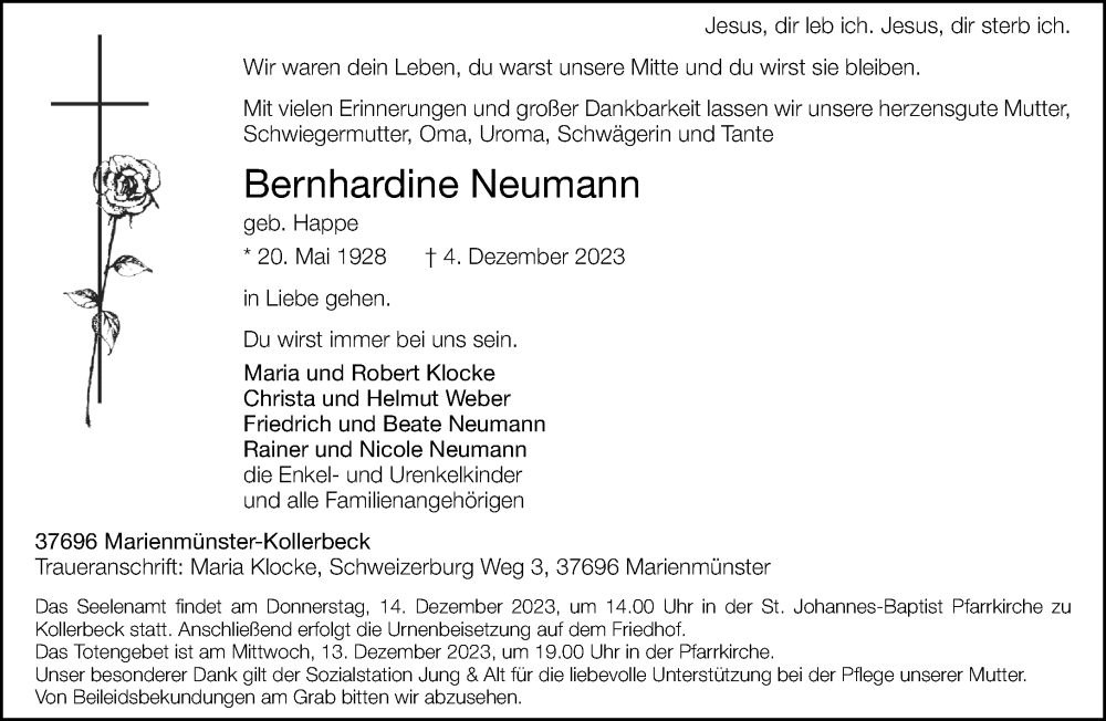  Traueranzeige für Bernhardine Neumann vom 09.12.2023 aus Neue Westfälische