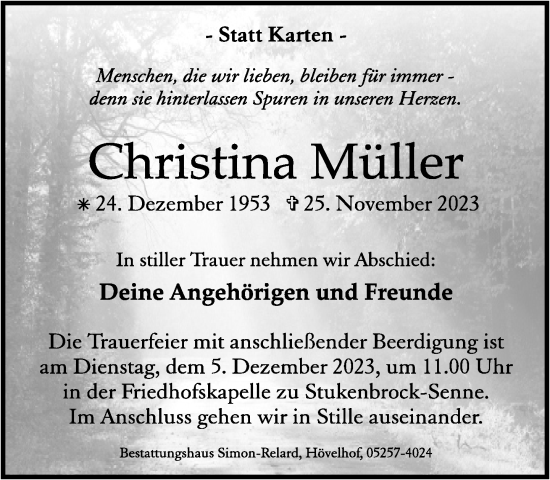 Traueranzeige von Christina Müller von Neue Westfälische