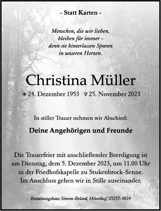 Traueranzeige von Christina Müller von Neue Westfälische