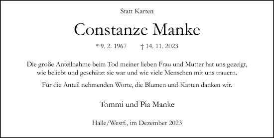 Traueranzeige von Constanze Manke von Neue Westfälische