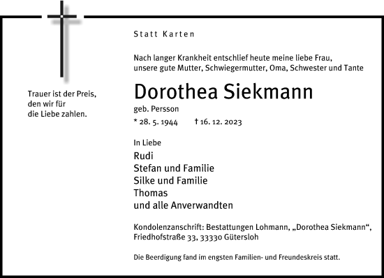 Traueranzeige von Dorothea Siekmann von Neue Westfälische