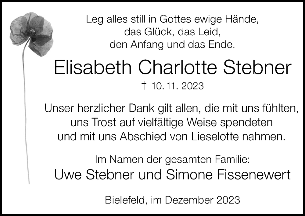 Traueranzeige für Elisabeth Charlotte Stebner vom 16.12.2023 aus Neue Westfälische
