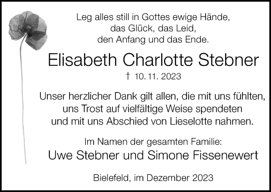 Traueranzeige von Elisabeth Charlotte Stebner von Neue Westfälische