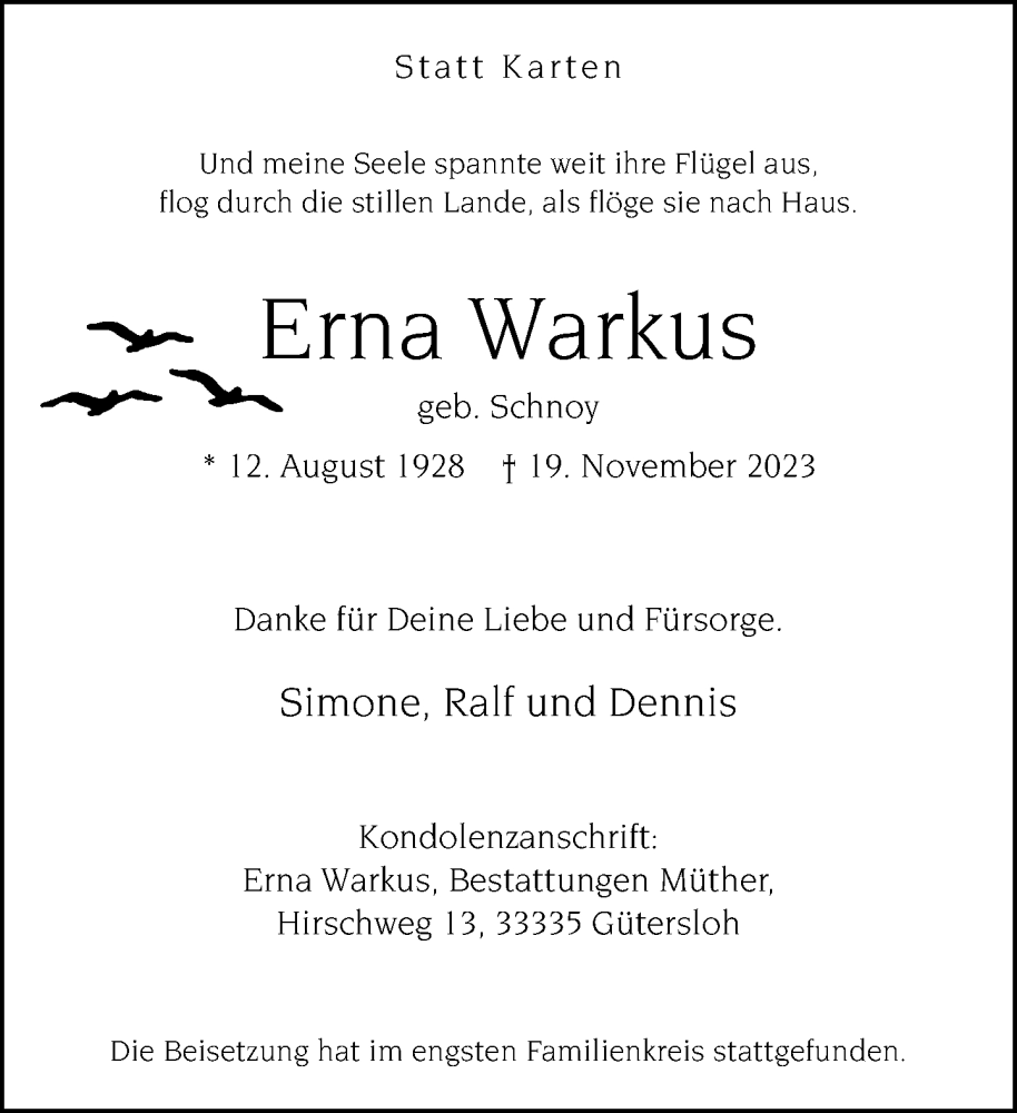 Traueranzeige für Erna Warkus vom 02.12.2023 aus Neue Westfälische