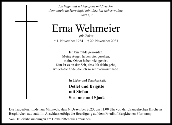 Traueranzeige von Erna Wehmeier von Neue Westfälische