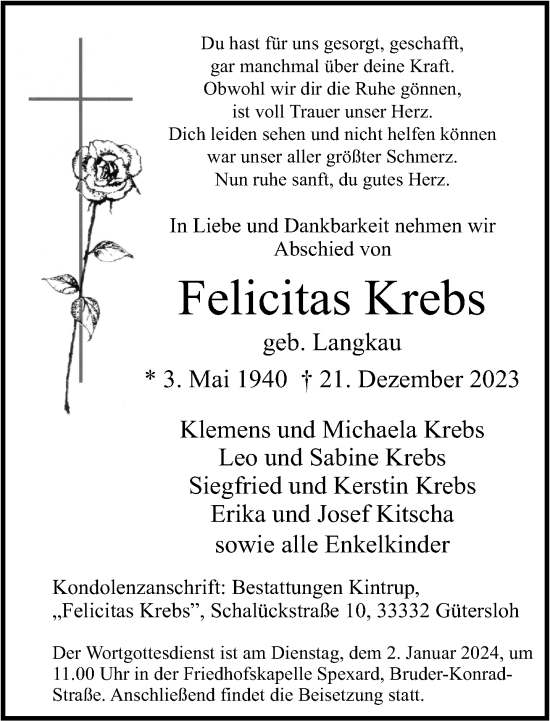 Traueranzeige von Felicitas Krebs von Neue Westfälische