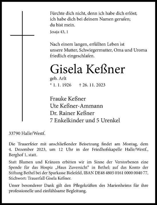 Traueranzeige von Gisela Keßner von Neue Westfälische