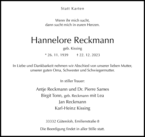 Traueranzeige von Hannelore Reckmann von Neue Westfälische