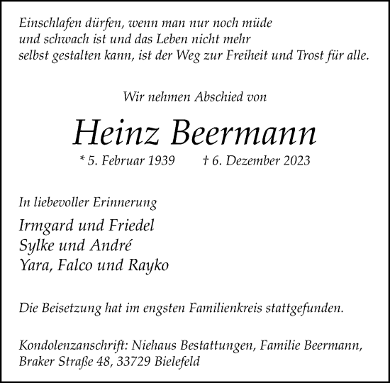 Traueranzeige von Heinz Beermann von Neue Westfälische