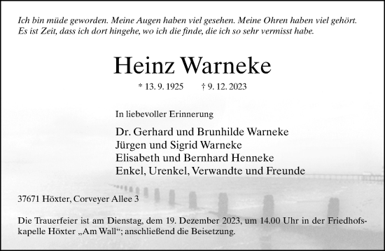 Traueranzeige von Heinz Warneke von Neue Westfälische