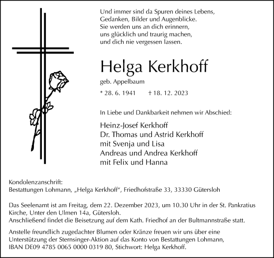 Traueranzeige von Helga Kerkhoff von Neue Westfälische