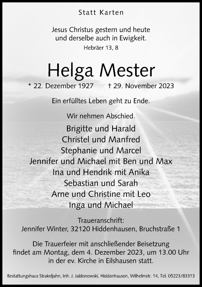  Traueranzeige für Helga Mester vom 02.12.2023 aus Neue Westfälische