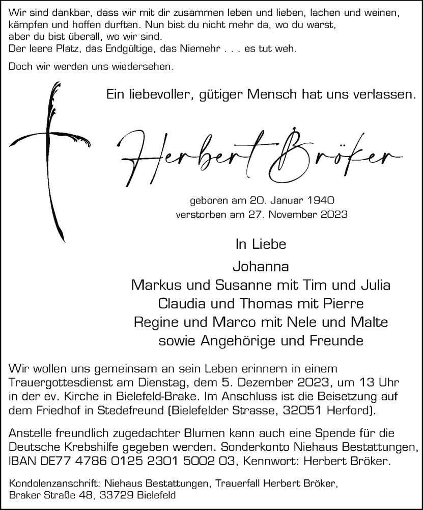  Traueranzeige für Herbert Bröker vom 02.12.2023 aus Neue Westfälische