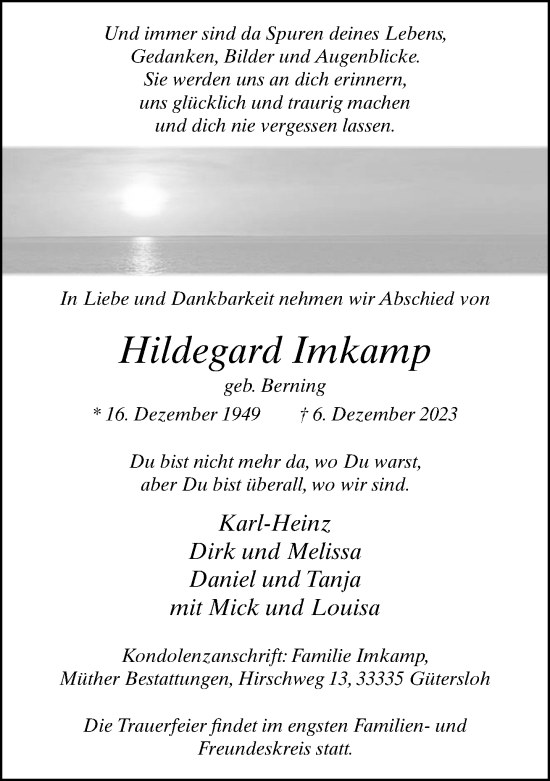 Traueranzeige von Hildegard Imkamp von Neue Westfälische