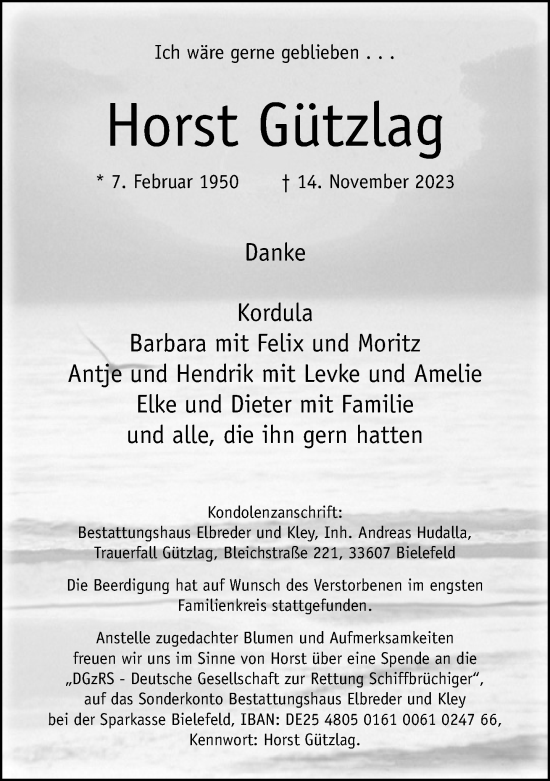 Traueranzeige von Horst Gützlag von Neue Westfälische