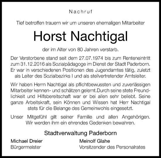 Traueranzeige von Horst Nachtigal von Neue Westfälische