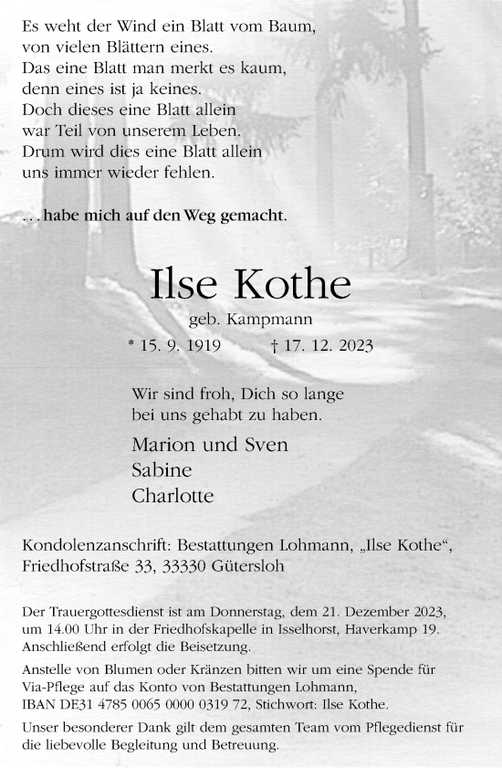 Traueranzeige von Ilse Kothe von Neue Westfälische