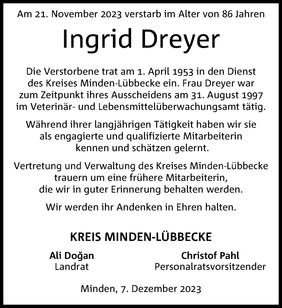  Traueranzeige für Ingrid Dreyer vom 16.12.2023 aus Neue Westfälische