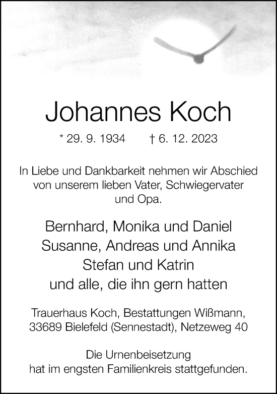 Traueranzeige von Johannes Koch von Neue Westfälische