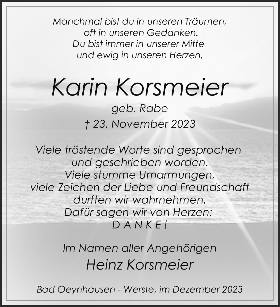  Traueranzeige für Karin Korsmeier vom 23.12.2023 aus Neue Westfälische