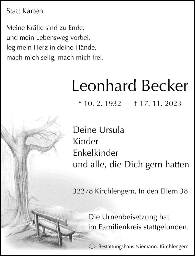  Traueranzeige für Leonhard Becker vom 02.12.2023 aus Neue Westfälische