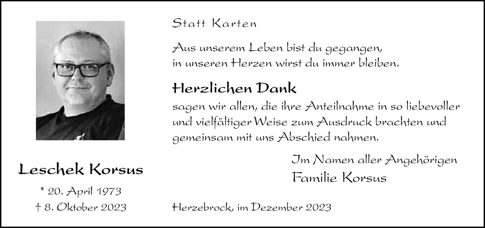 Traueranzeige für Leschek Korsus vom 09.12.2023 aus Neue Westfälische