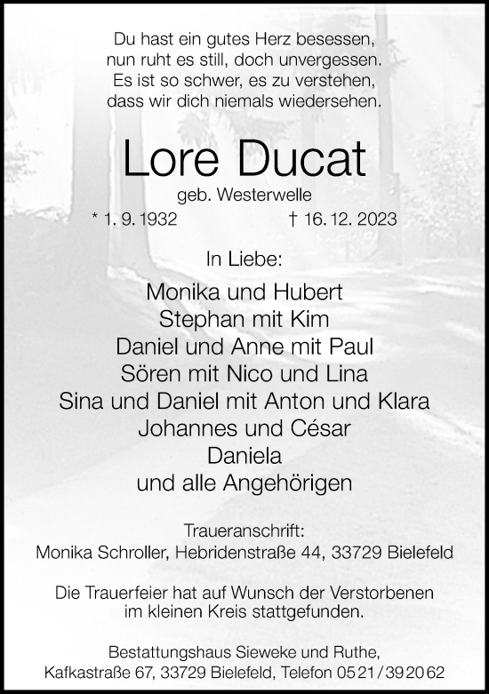 Traueranzeige von Lore Ducat von Neue Westfälische